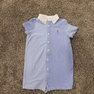Ralph Lauren Baby Romper Blue Stripe Polo Player Logo Short Sleeve 18M